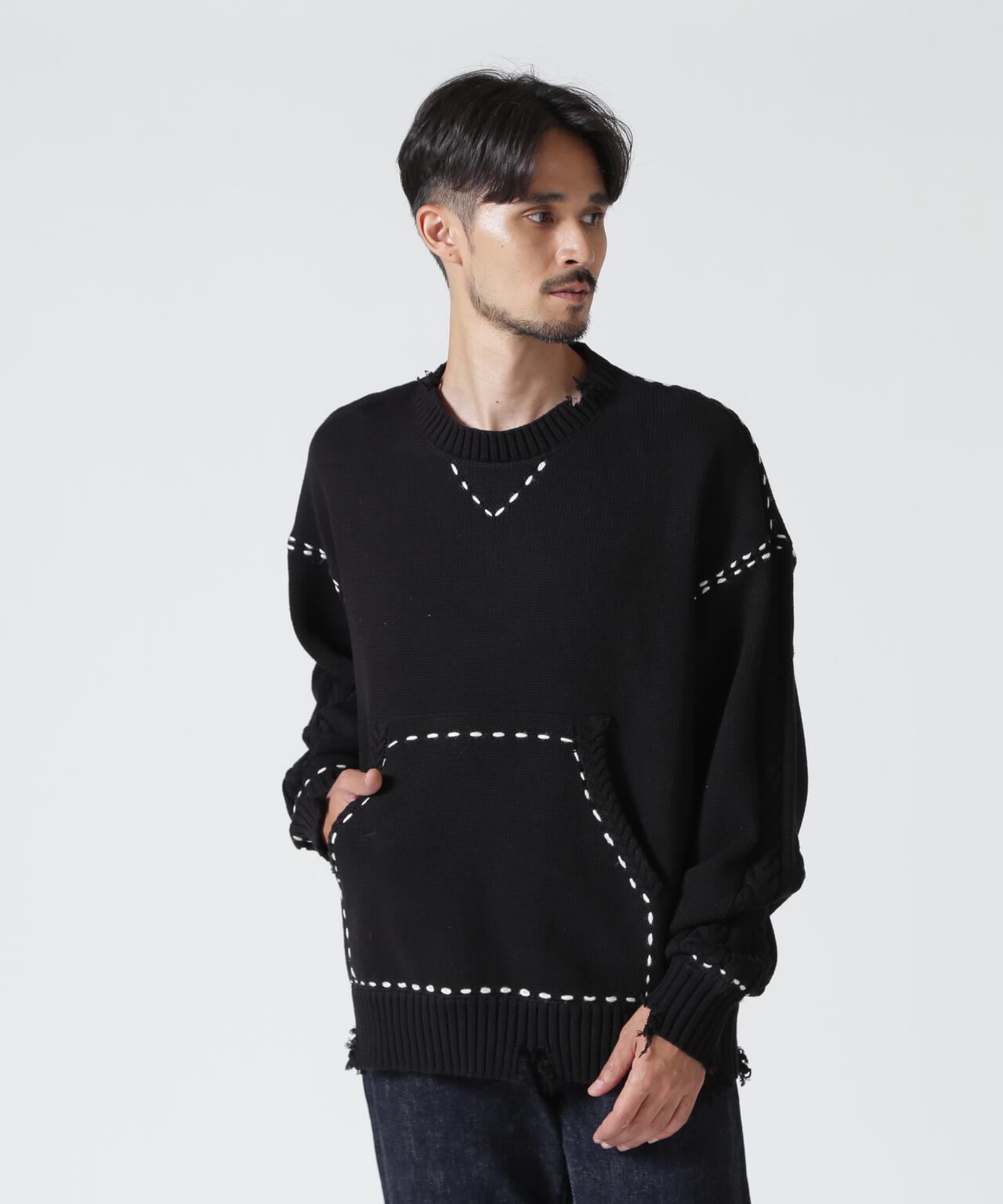 B omnivore/ビーオムニボー HANDSTITCH CABLE KNIT CREWNECK ハンドステッチケーブルニットクルーネック