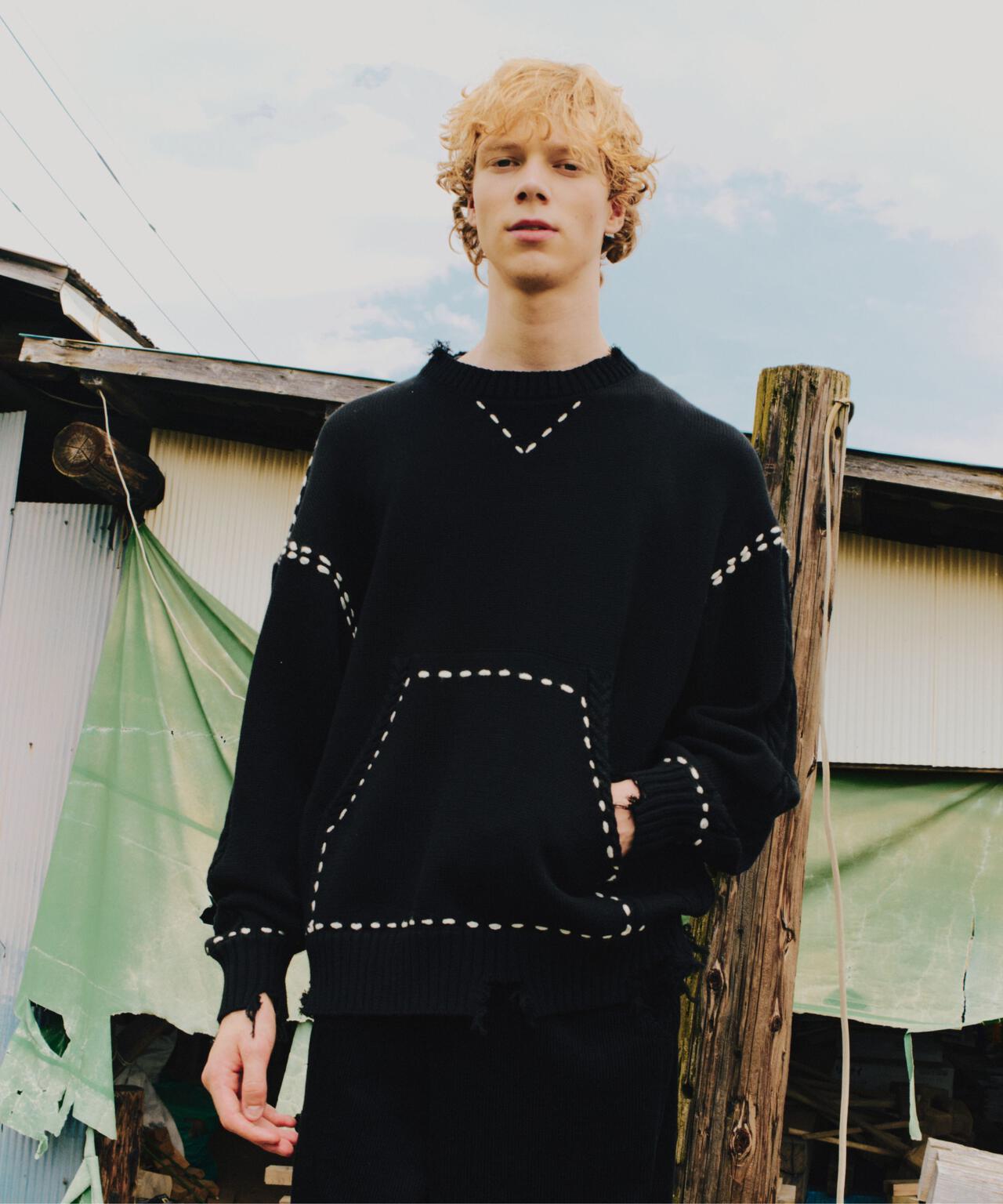 B omnivore/ビーオムニボー HANDSTITCH CABLE KNIT CREWNECK ハンドステッチケーブルニットクルーネック