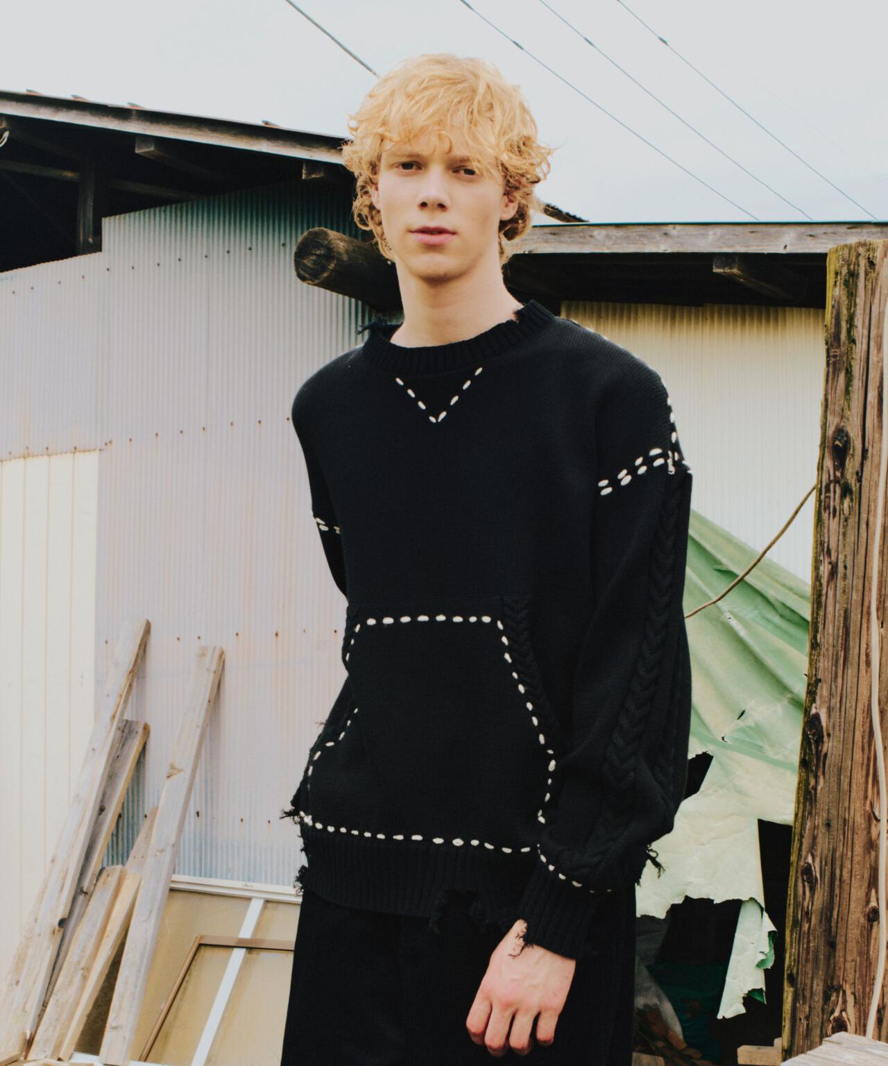 B omnivore/ビーオムニボー HANDSTITCH CABLE KNIT CREWNECK ハンドステッチケーブルニットクルーネック
