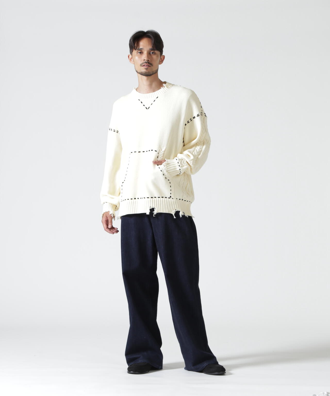 B omnivore/ビーオムニボー HANDSTITCH CABLE KNIT CREWNECK ハンドステッチケーブルニットクルーネック