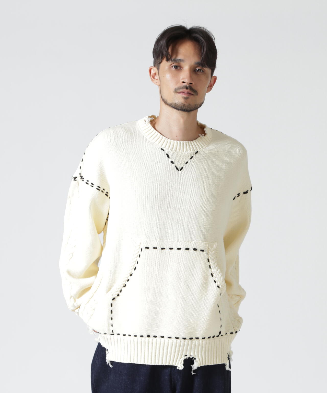 B omnivore/ビーオムニボー HANDSTITCH CABLE KNIT CREWNECK ハンドステッチケーブルニットクルーネック