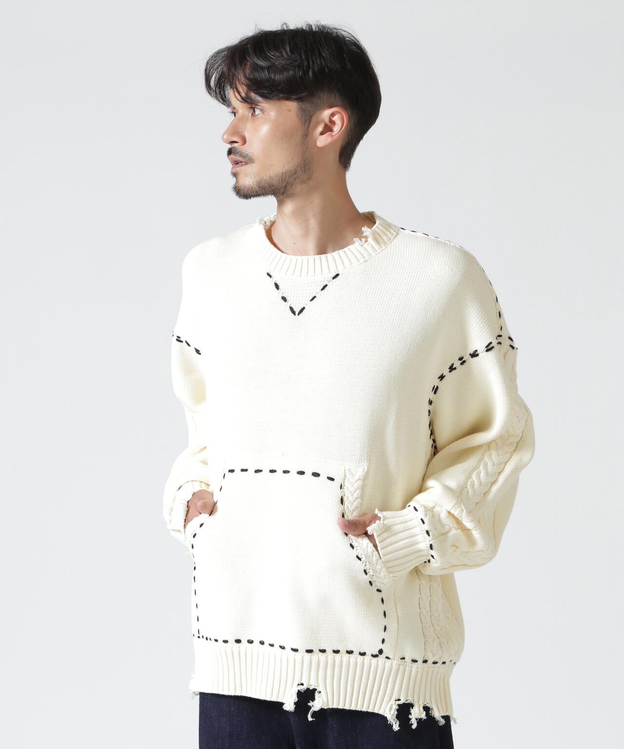B omnivore/ビーオムニボー HANDSTITCH CABLE KNIT CREWNECK ハンドステッチケーブルニットクルーネック