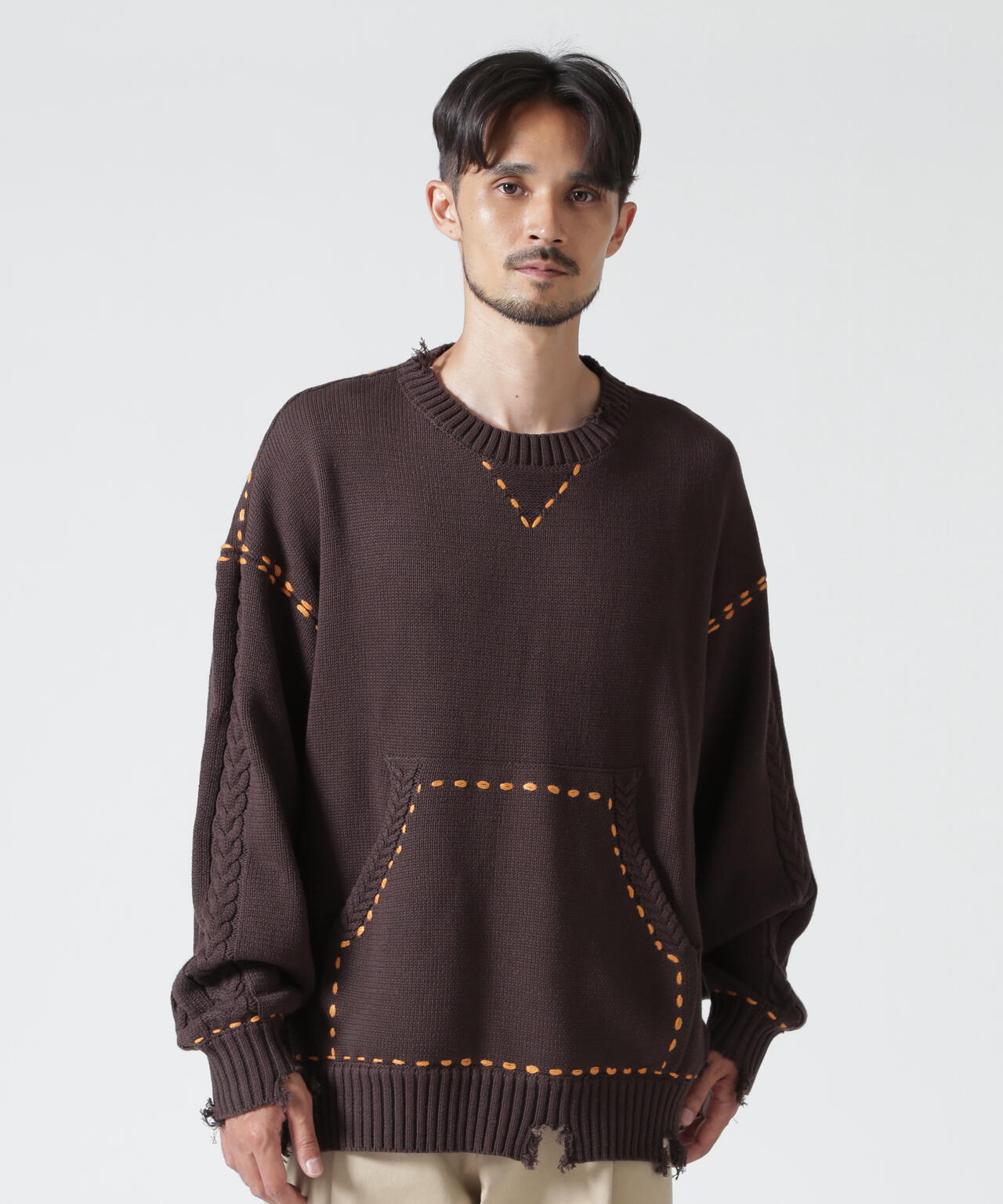 B omnivore/ビーオムニボー HANDSTITCH CABLE KNIT CREWNECK ハンドステッチケーブルニットクルーネック