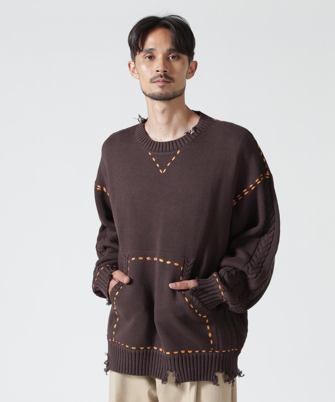 B omnivore/ビーオムニボー HANDSTITCH CABLE KNIT CREWNECK ハンドステッチケーブルニットクルーネック