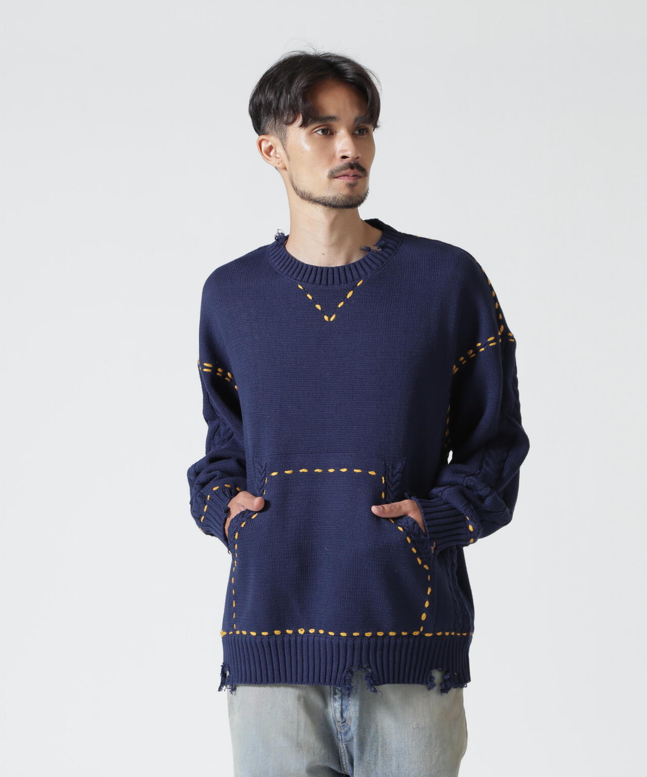 B omnivore/ビーオムニボー HANDSTITCH CABLE KNIT CREWNECK ハンドステッチケーブルニットクルーネック