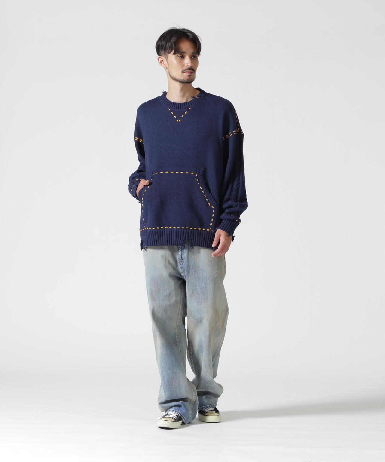 B omnivore/ビーオムニボー HANDSTITCH CABLE KNIT CREWNECK ハンドステッチケーブルニットクルーネック