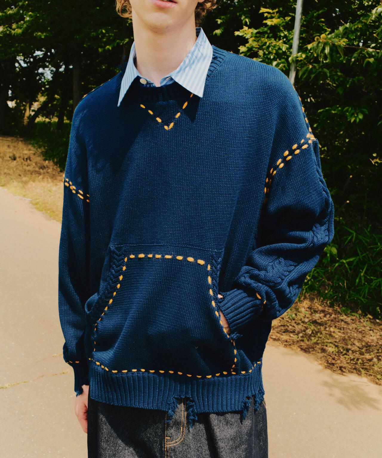 B omnivore/ビーオムニボー HANDSTITCH CABLE KNIT CREWNECK ハンドステッチケーブルニットクルーネック