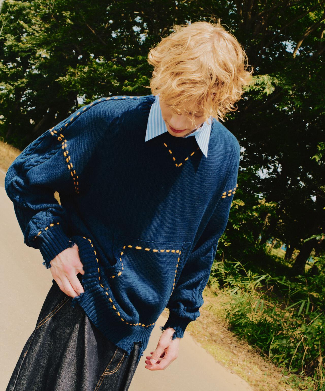 B omnivore/ビーオムニボー HANDSTITCH CABLE KNIT CREWNECK ハンドステッチケーブルニットクルーネック