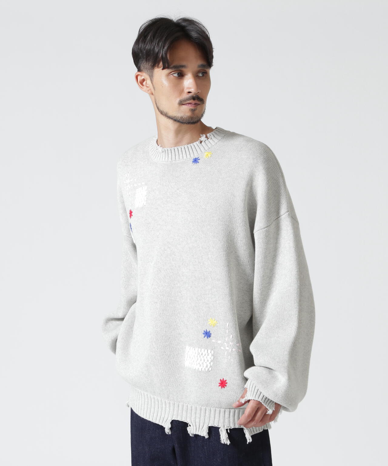 B omnivore/ビーオムニボー HAND STITCH CREWNECK KNIT ハンドステッチクルーネックニット