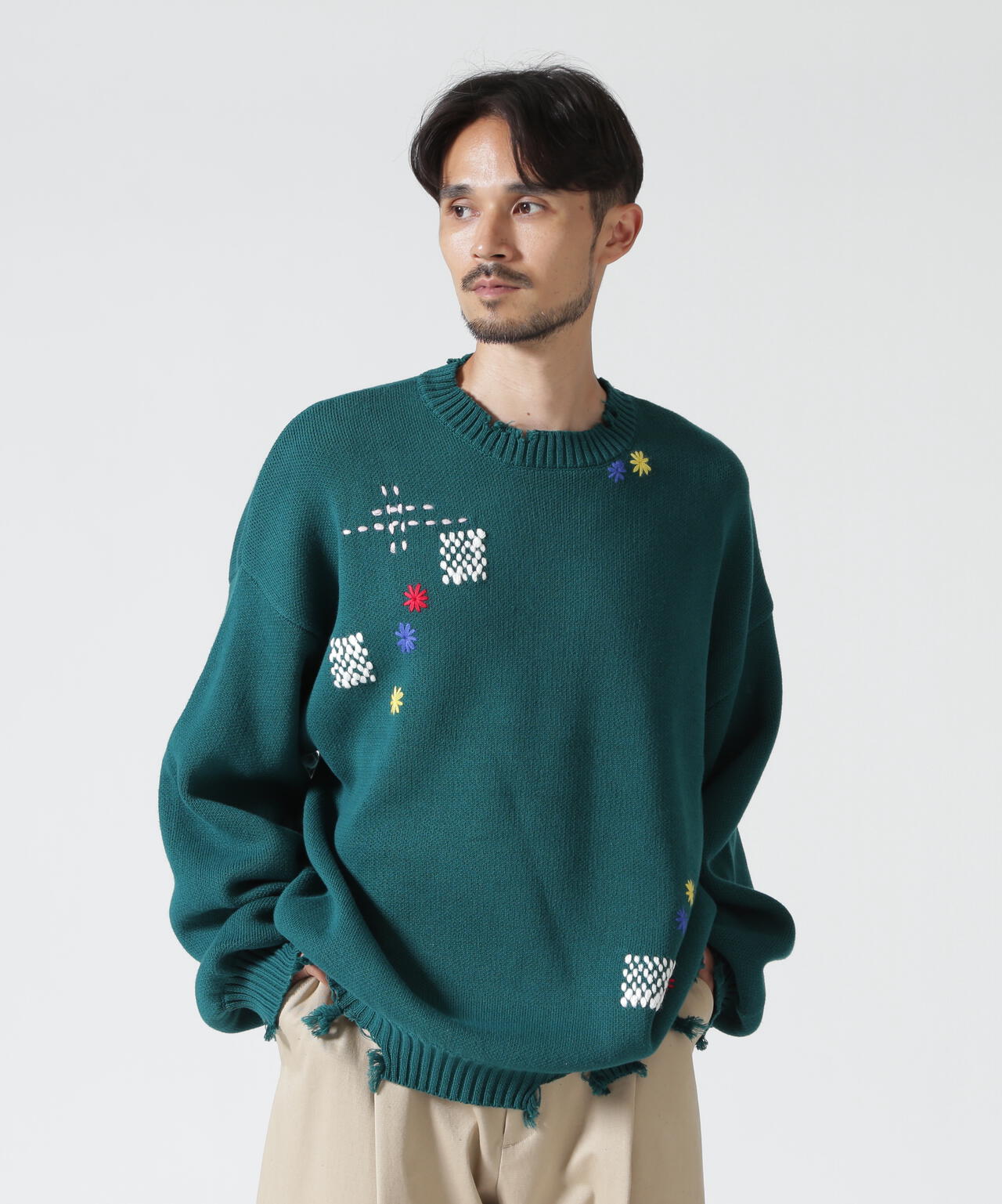 B omnivore/ビーオムニボー HAND STITCH CREWNECK KNIT ハンドステッチクルーネックニット