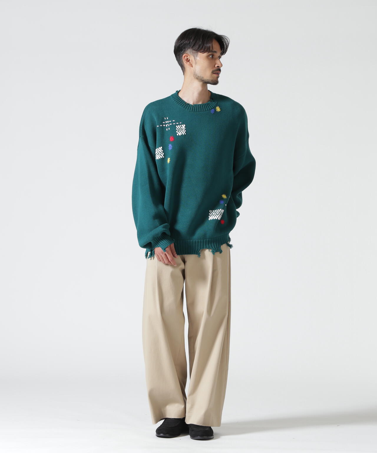 B omnivore/ビーオムニボー HAND STITCH CREWNECK KNIT ハンドステッチクルーネックニット