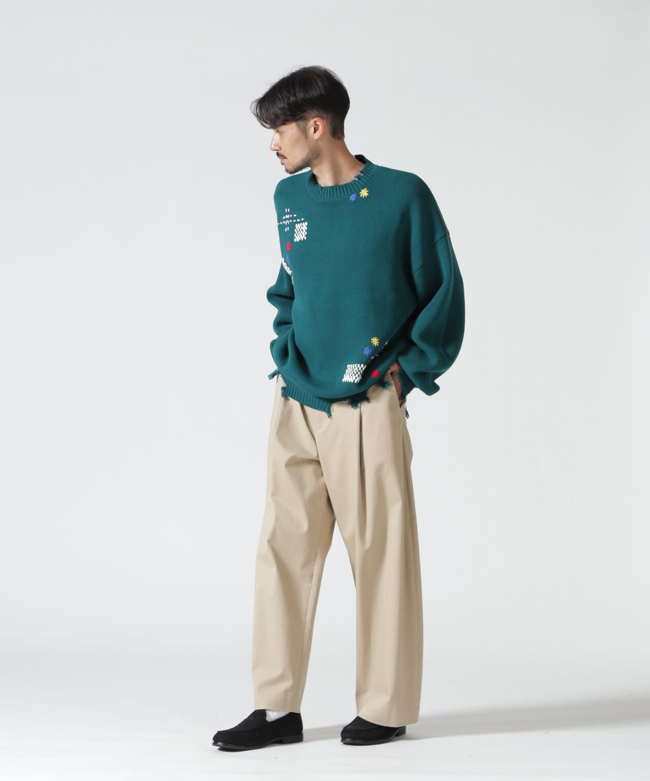 B omnivore/ビーオムニボー HAND STITCH CREWNECK KNIT ハンドステッチクルーネックニット