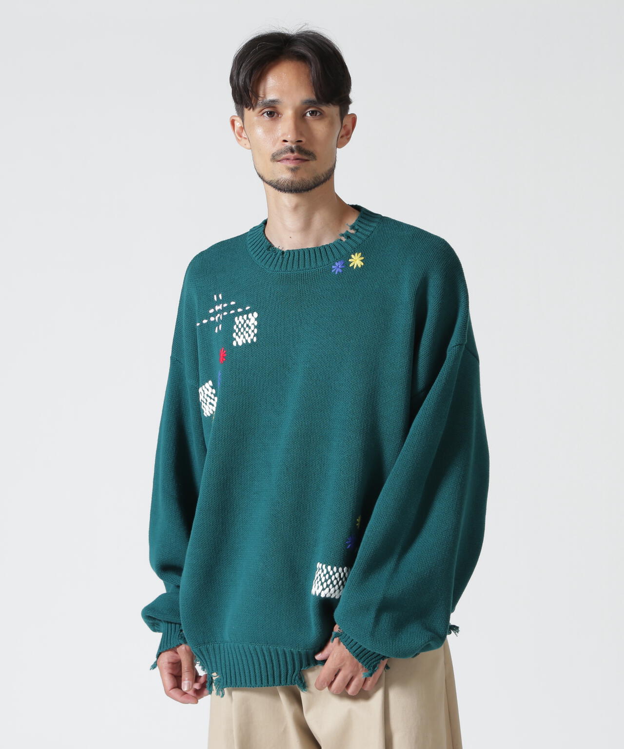 B omnivore/ビーオムニボー HAND STITCH CREWNECK KNIT ハンドステッチクルーネックニット