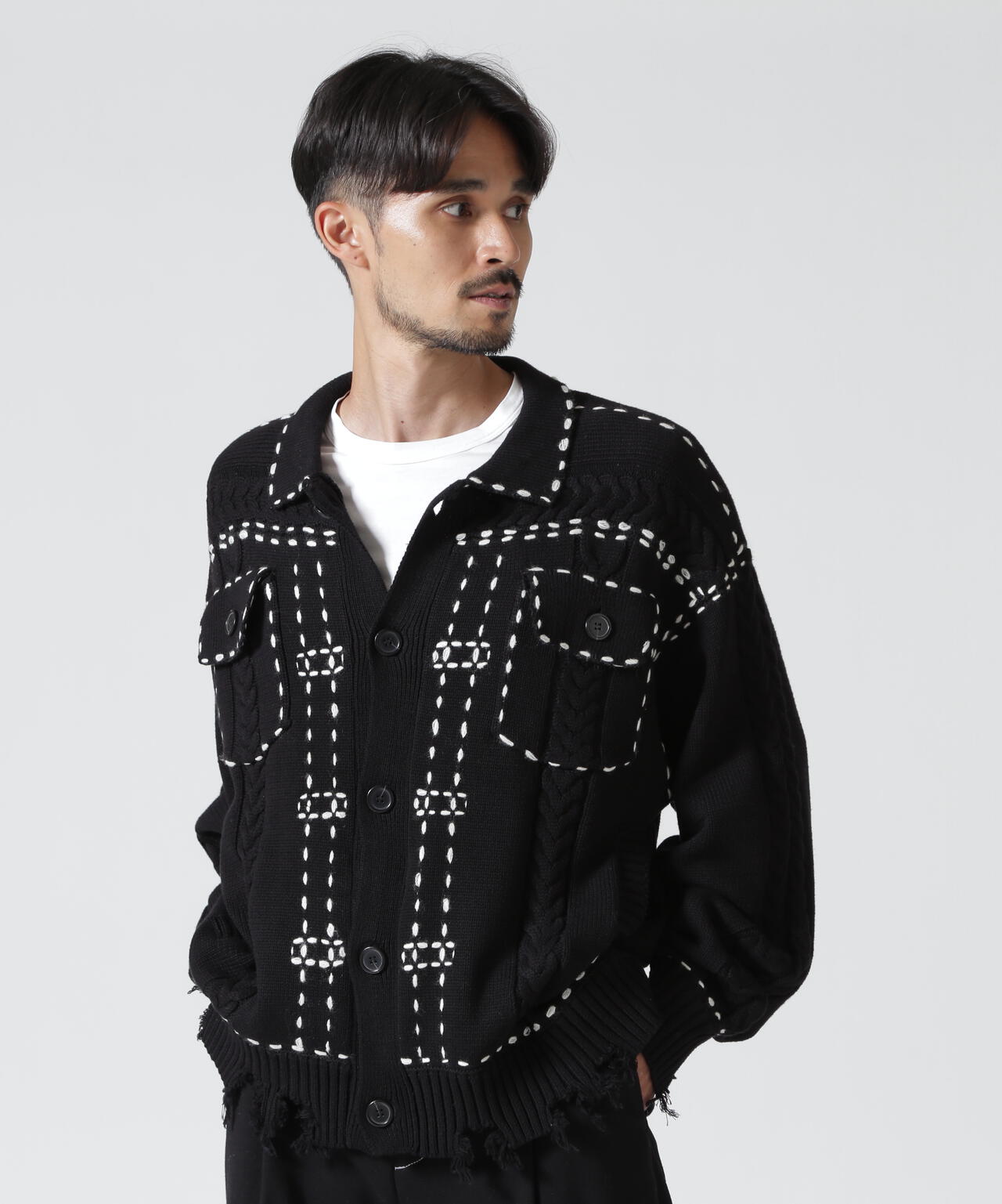 B omnivore/ビーオムニボー HANDSTITCH CABLE KNIT JACKET ハンドステッチケーブルニットジャケット