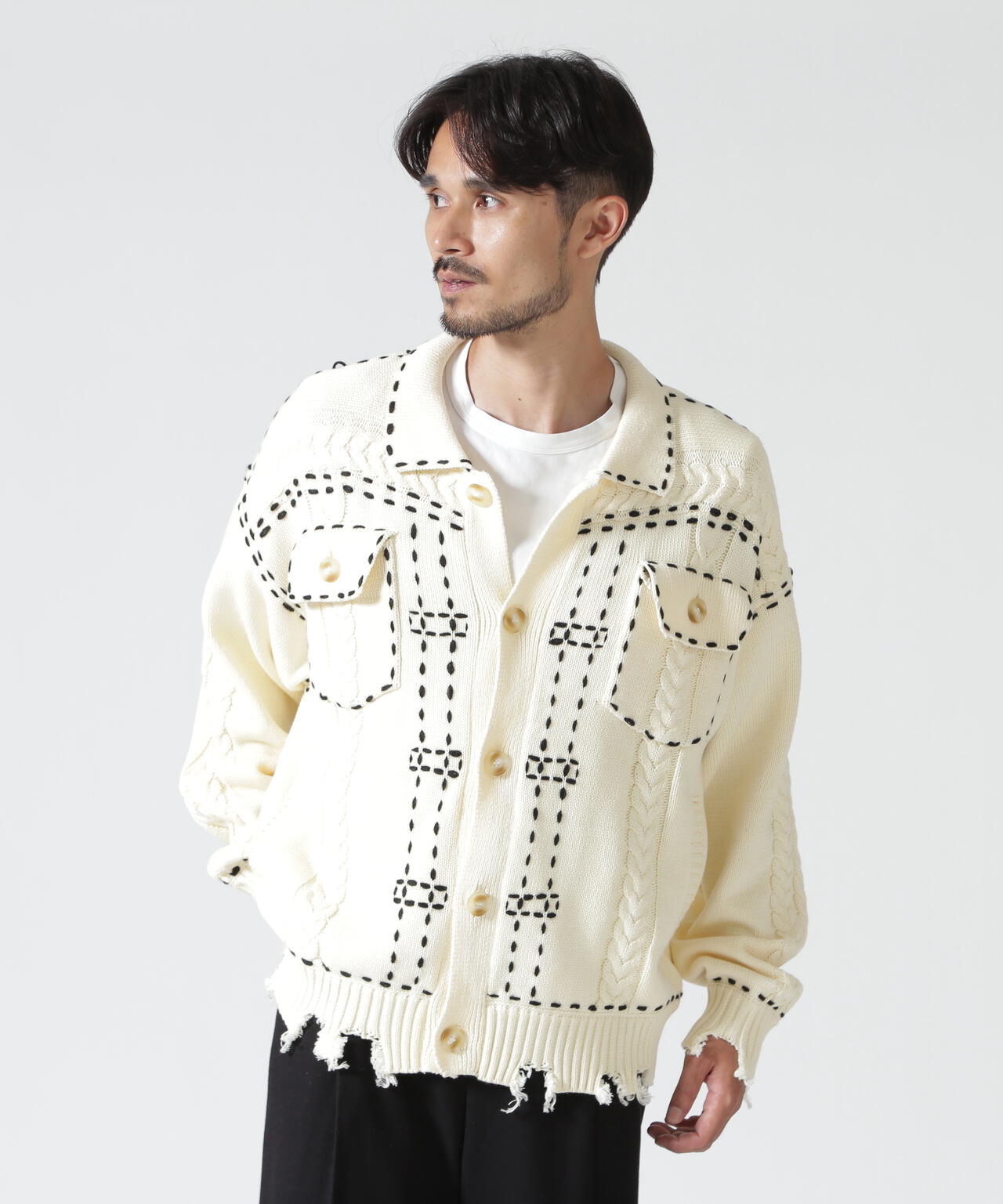 B omnivore/ビーオムニボー HANDSTITCH CABLE KNIT JACKET ハンドステッチケーブルニットジャケット