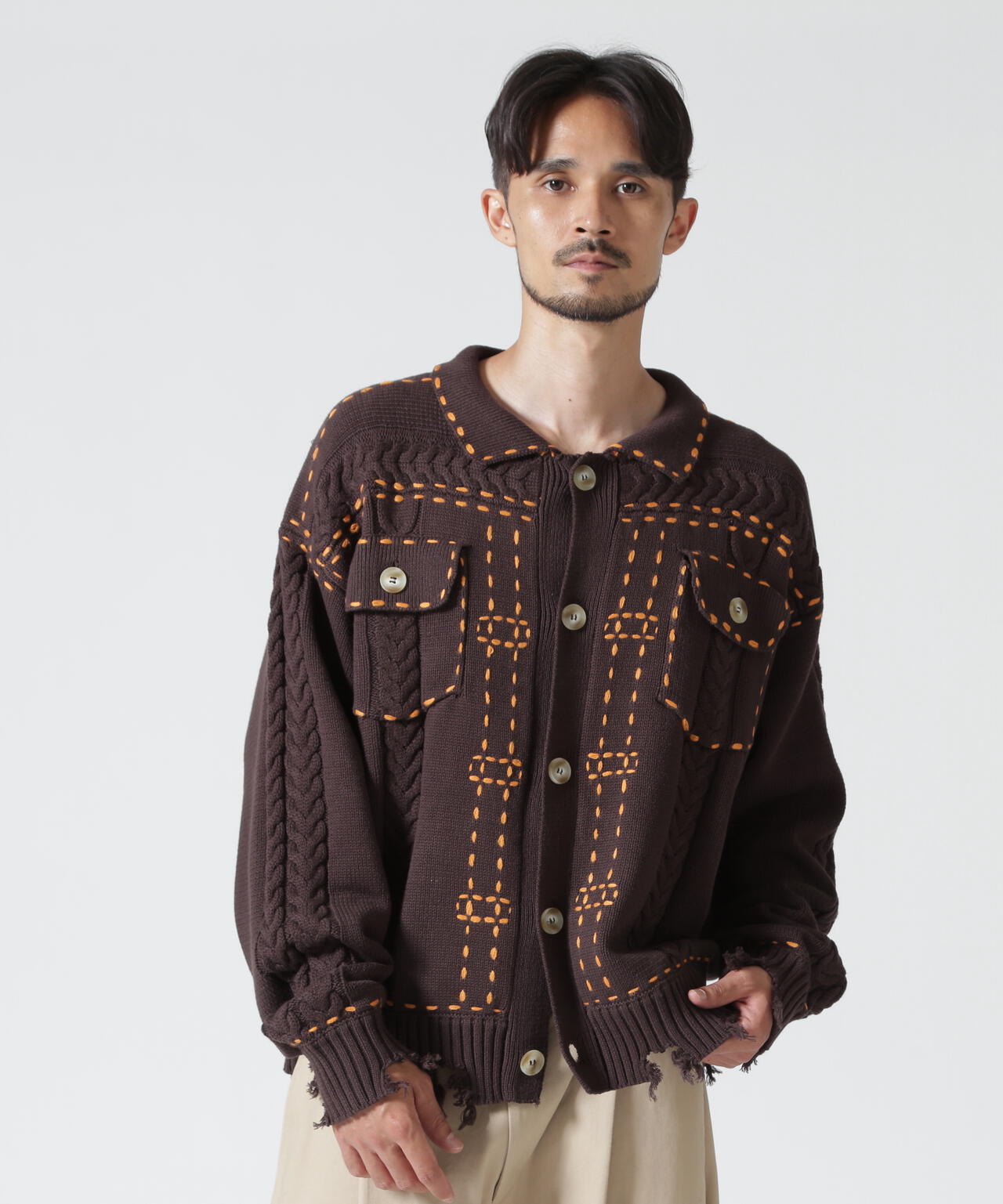B omnivore/ビーオムニボー HANDSTITCH CABLE KNIT JACKET ハンドステッチケーブルニットジャケット