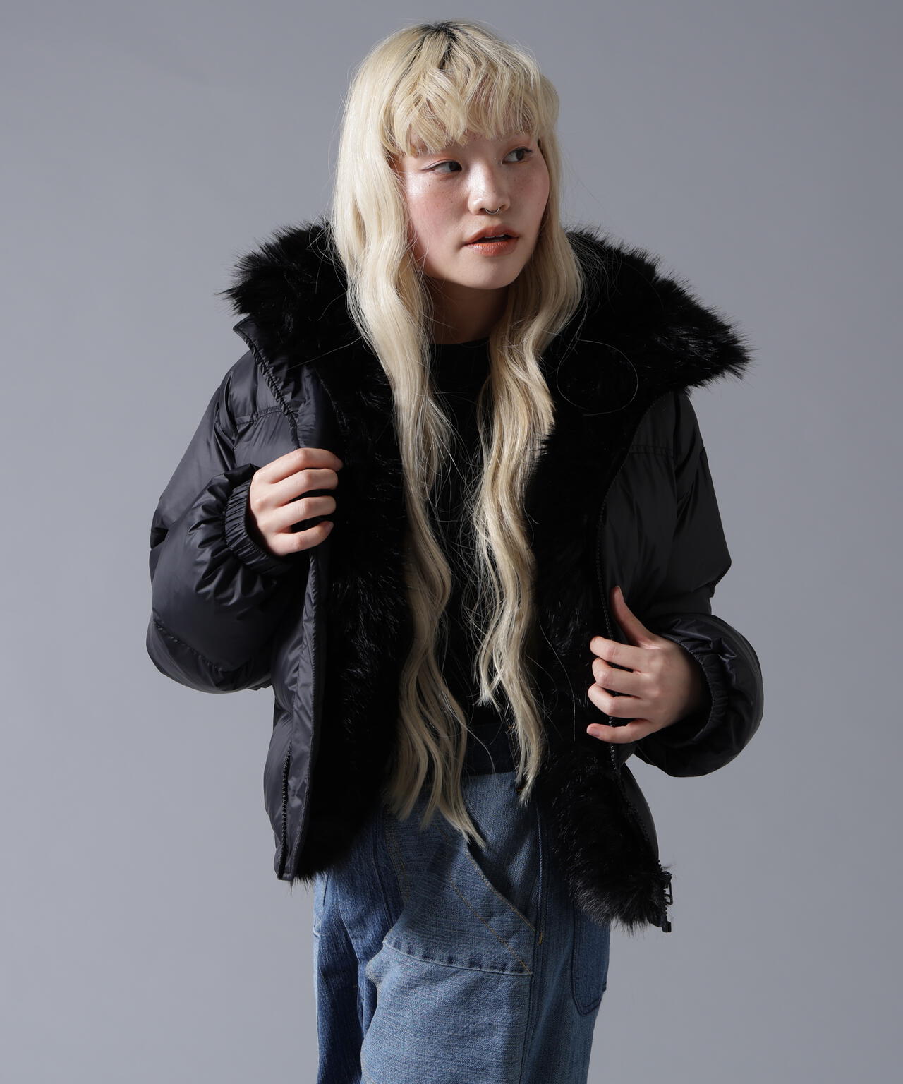 B omnivore/ビーオムニボー NYLON FUR STAND BLOUSON