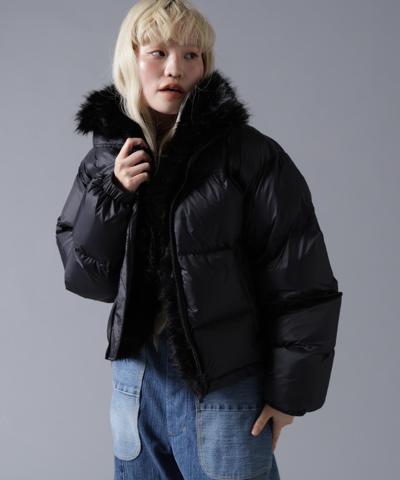 B omnivore/ビーオムニボー NYLON FUR STAND BLOUSON