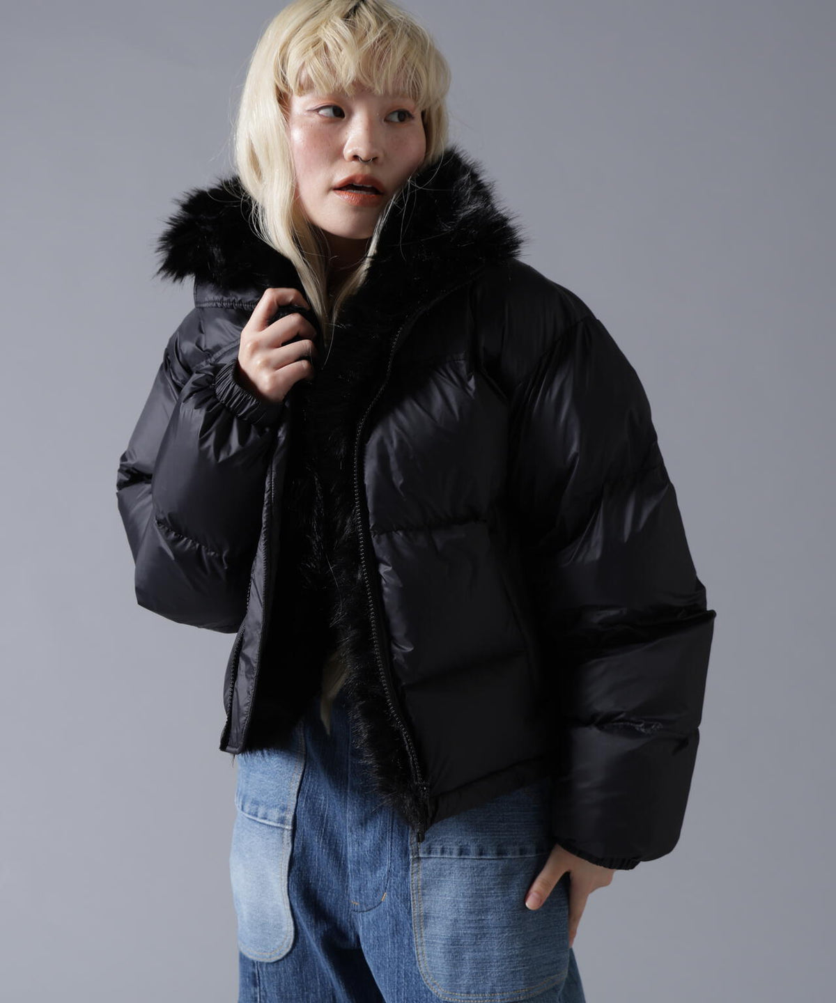 B omnivore/ビーオムニボー NYLON FUR STAND BLOUSON