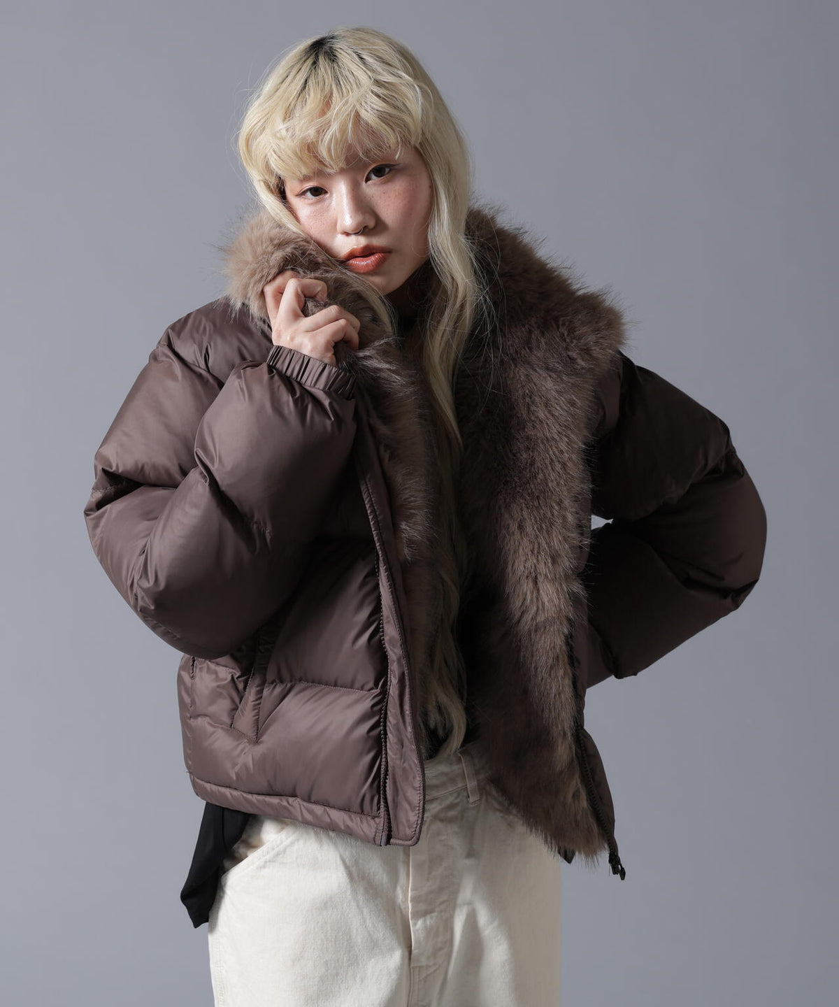 B omnivore/ビーオムニボー NYLON FUR STAND BLOUSON