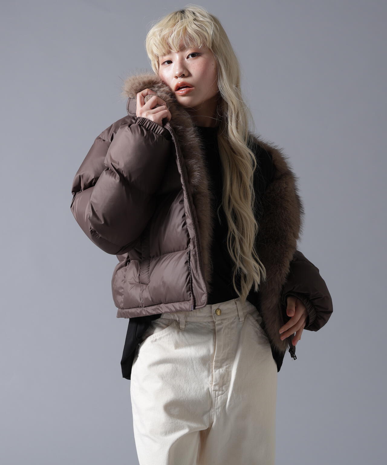 B omnivore/ビーオムニボー NYLON FUR STAND BLOUSON