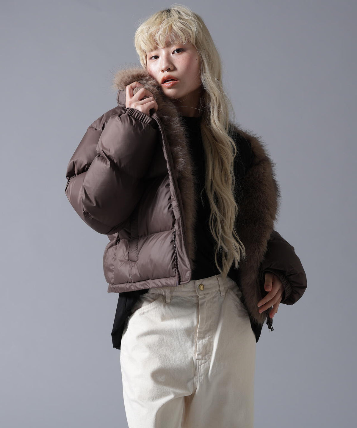 B omnivore/ビーオムニボー NYLON FUR STAND BLOUSON