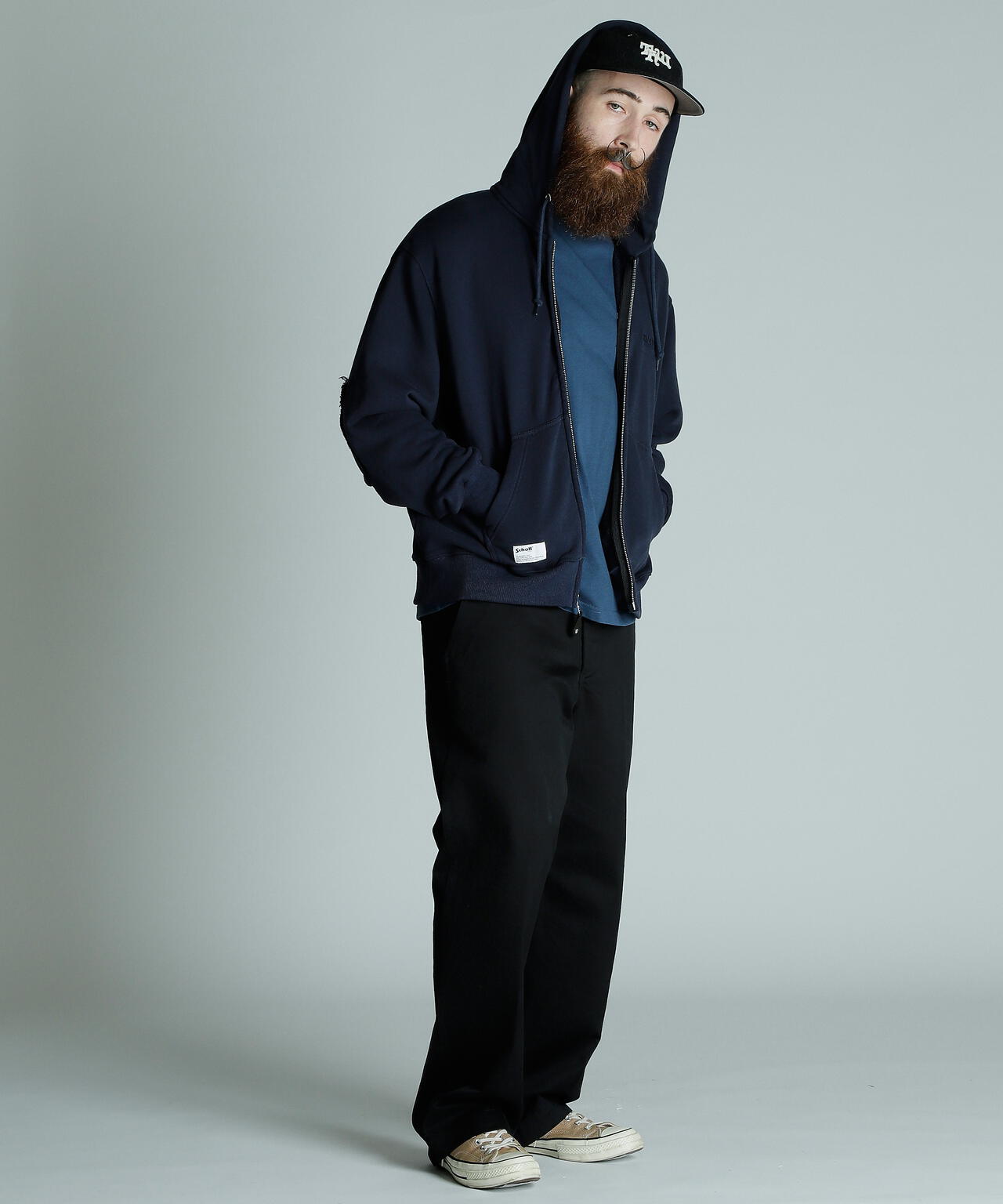 LEATHER ELBOW PATCH ZIP HOODED SWEAT/レザー エルボーパッチ ジップパーカー