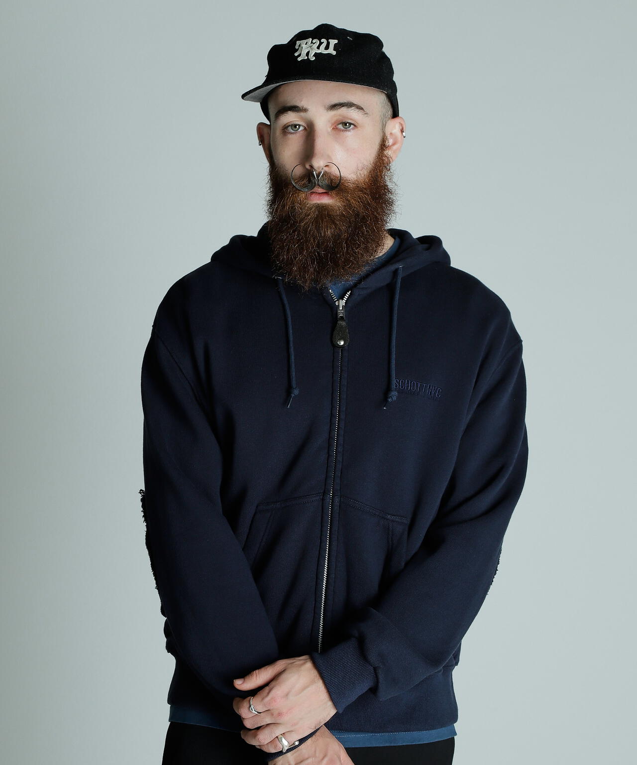 LEATHER ELBOW PATCH ZIP HOODED SWEAT/レザー エルボーパッチ ジップパーカー