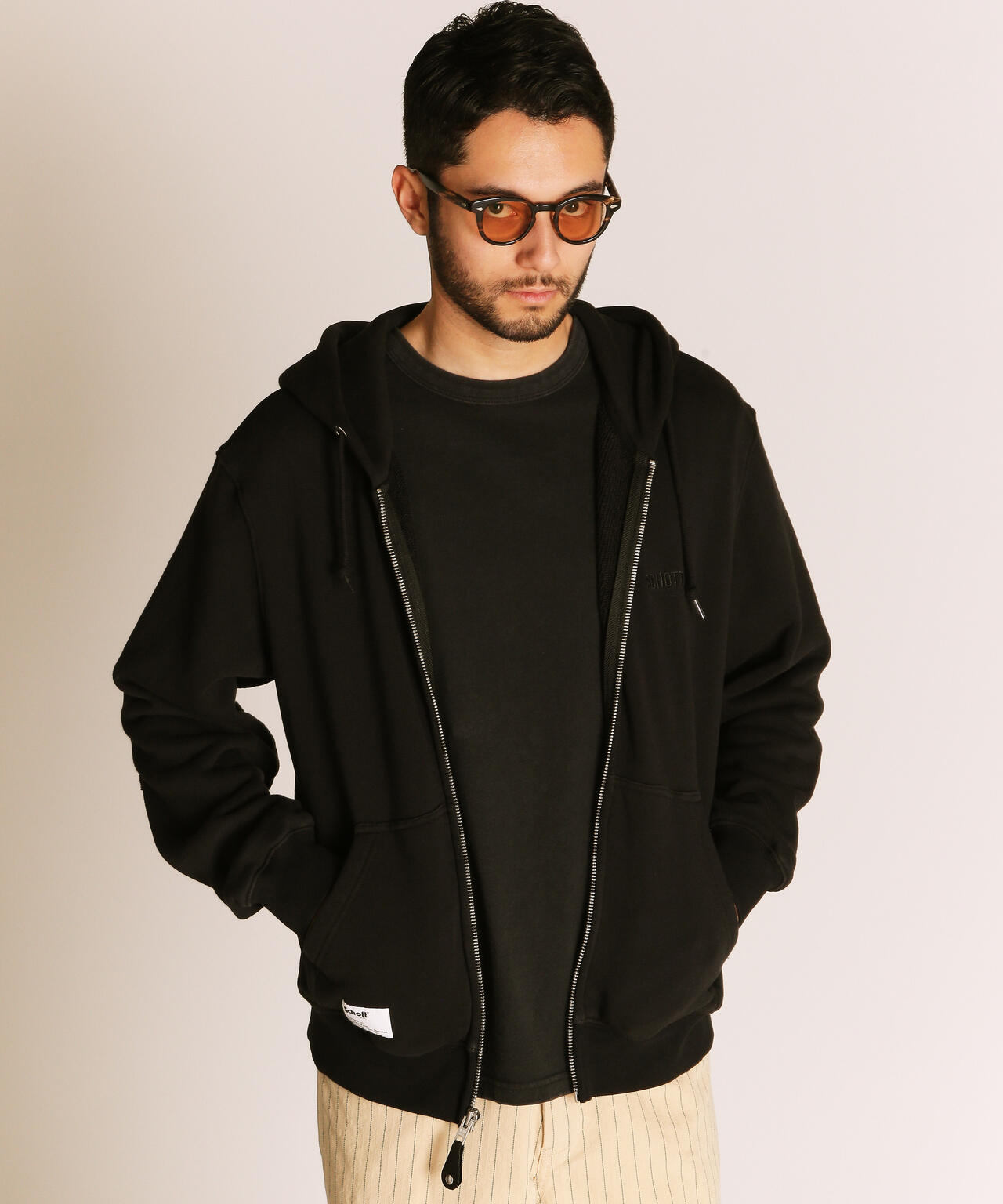 LEATHER ELBOW PATCH ZIP HOODED SWEAT/レザー エルボーパッチ ジップパーカー