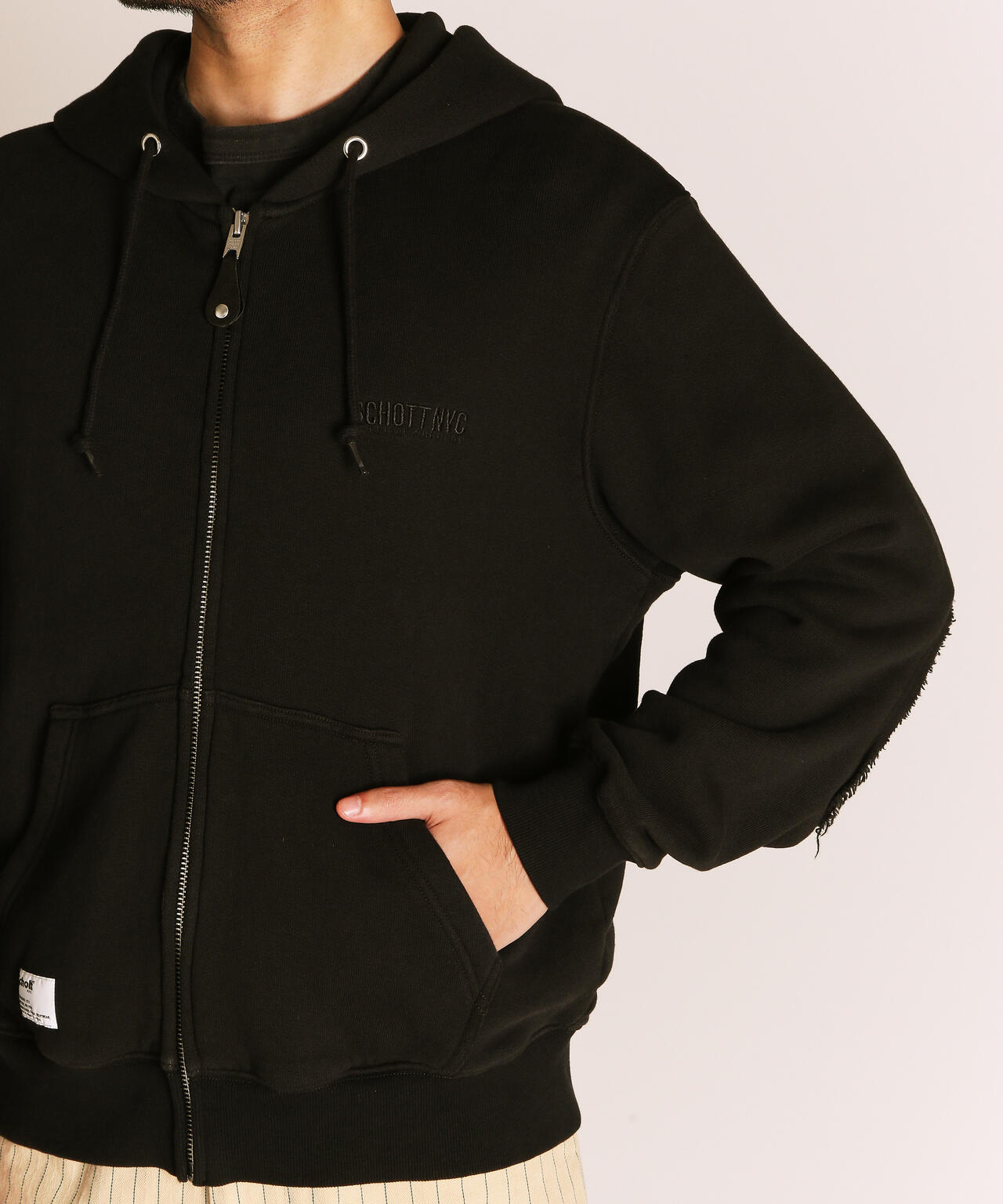LEATHER ELBOW PATCH ZIP HOODED SWEAT/レザー エルボーパッチ ジップパーカー