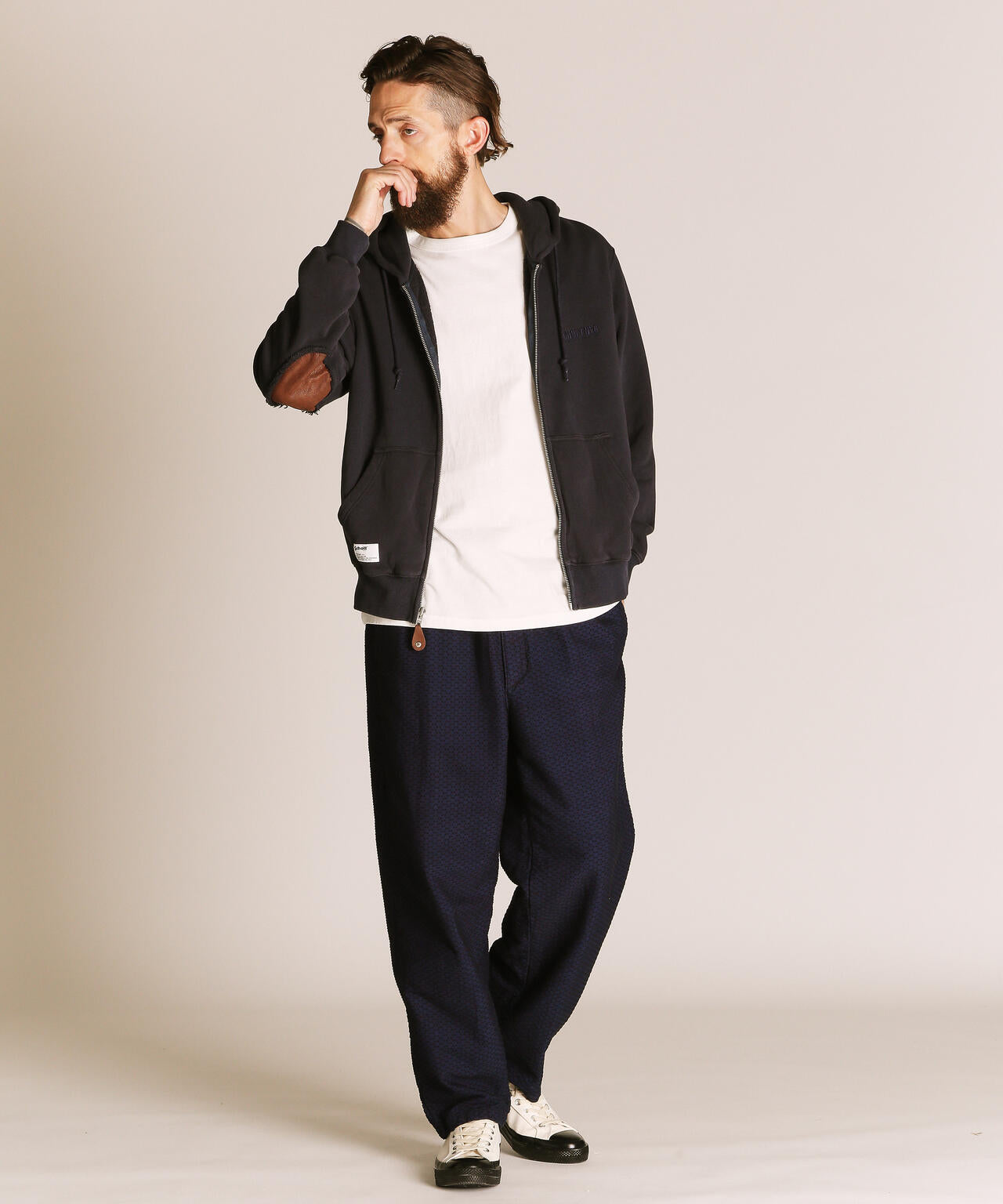 LEATHER ELBOW PATCH ZIP HOODED SWEAT/レザー エルボーパッチ ジップパーカー