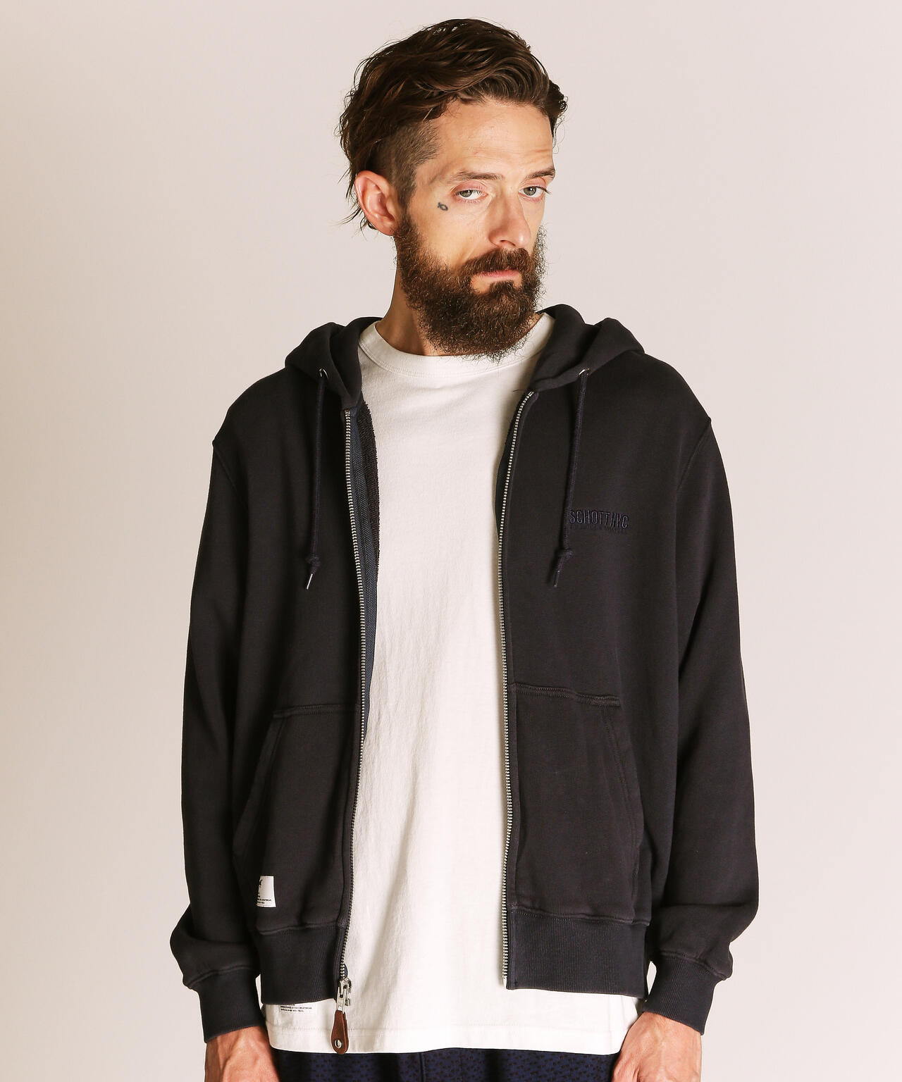 LEATHER ELBOW PATCH ZIP HOODED SWEAT/レザー エルボーパッチ ジップパーカー