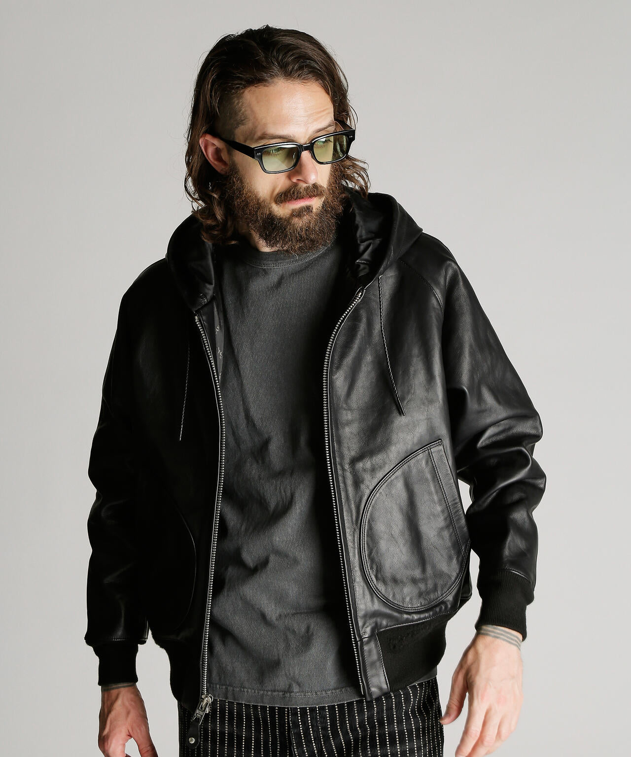 LEATHER HOOED JACKET/レザー フーデッドジャケット