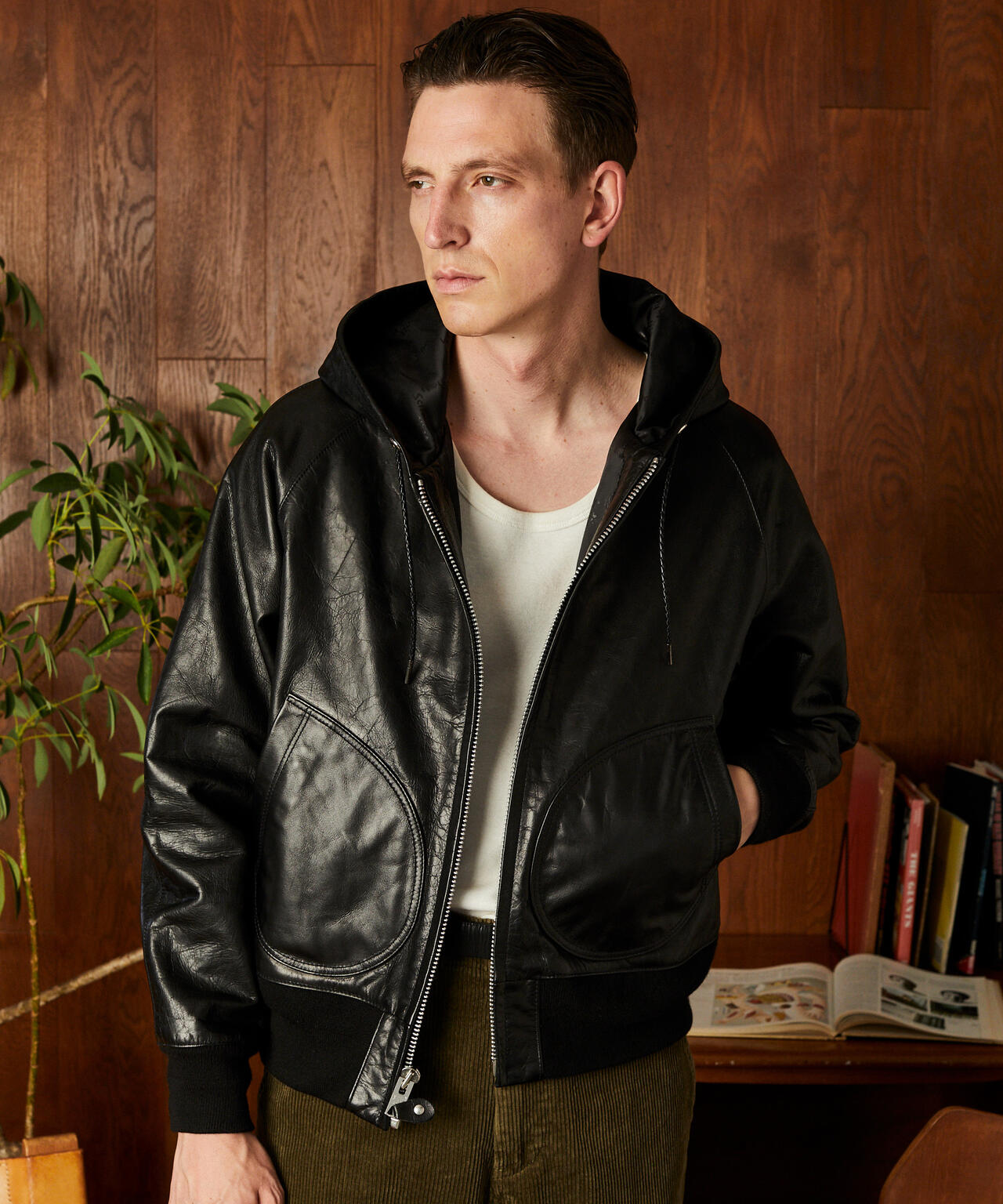 LEATHER HOOED JACKET/レザー フーデッドジャケット