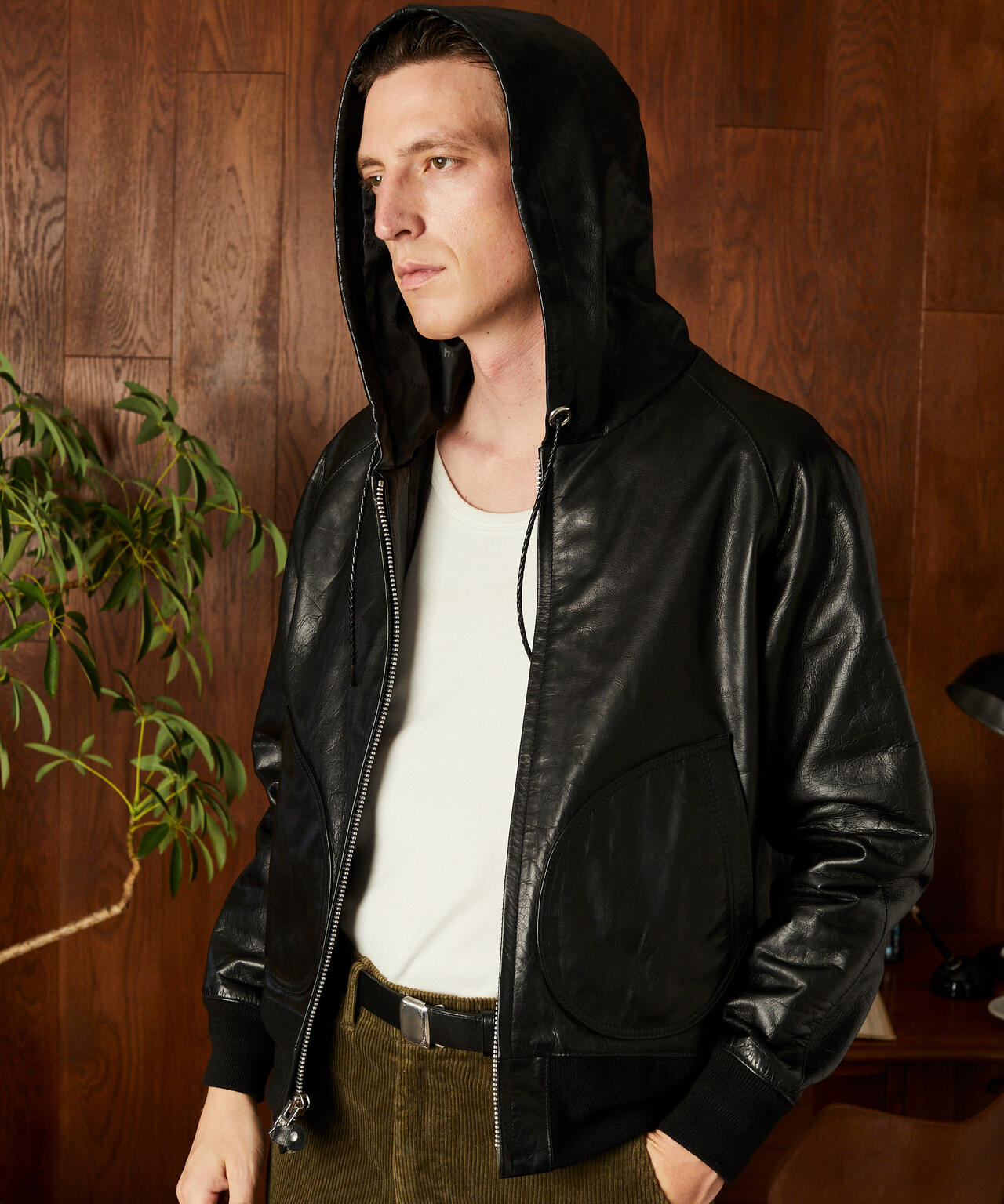 LEATHER HOOED JACKET/レザー フーデッドジャケット