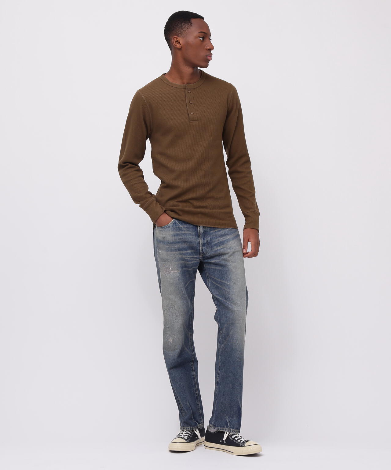 《DAILY/デイリー》THERMAL L/S HENLEY NECK T-SHIRT/サーマル 長袖 ヘンリーネック Tシャツ