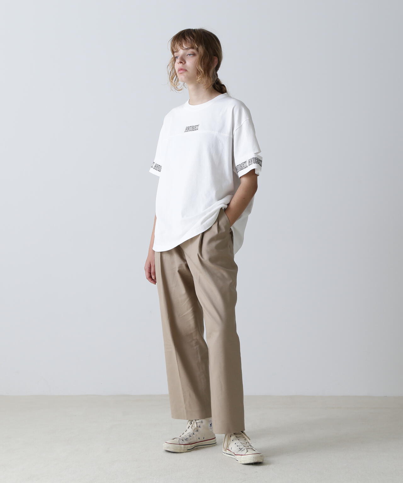 FADE WASH CUFFS OPEN EMBROIDERY T-SHIRT/フェイドウォッシュ カフスオープン刺繍Tシャツ