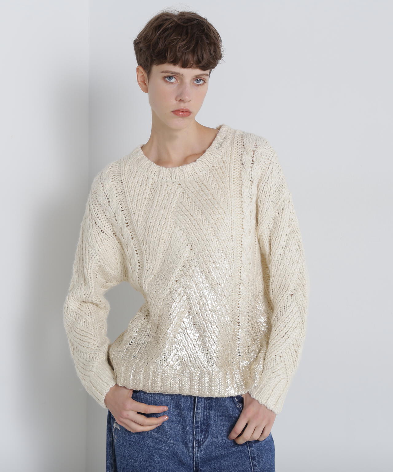 FOIL PRINT KNIT TOPS/箔プリントニットトップス