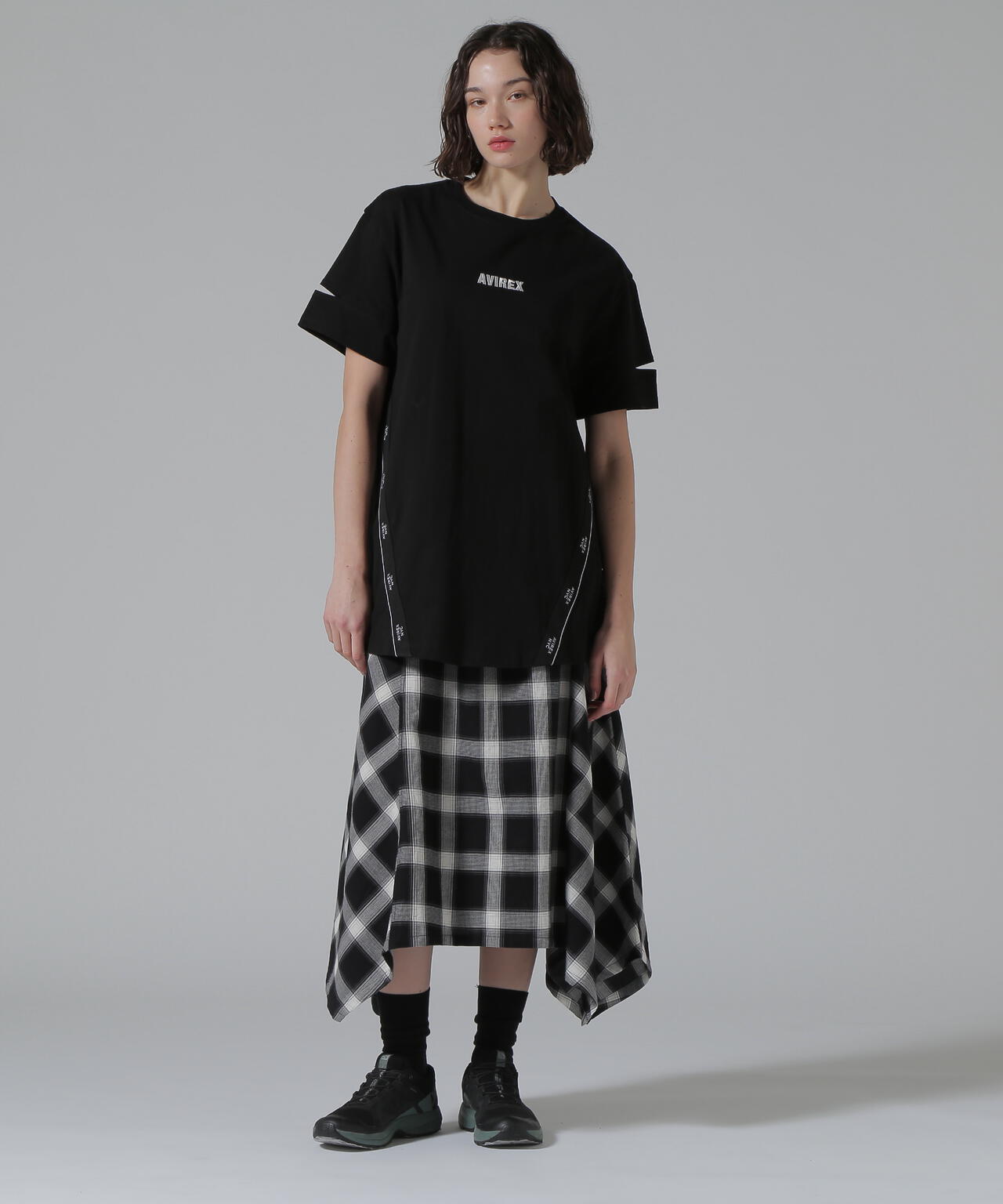 WAFFLE OMBRE CHECK IRREGULAR SKIRT/ワッフルオンブレチェック イレギュラースカート