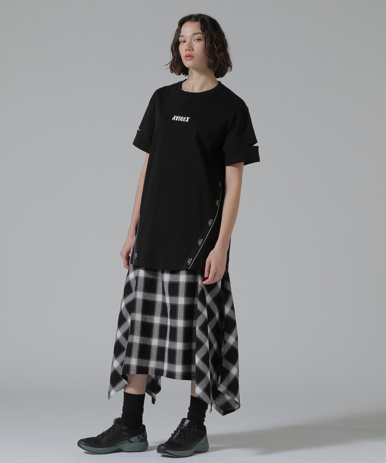 WAFFLE OMBRE CHECK IRREGULAR SKIRT/ワッフルオンブレチェック イレギュラースカート