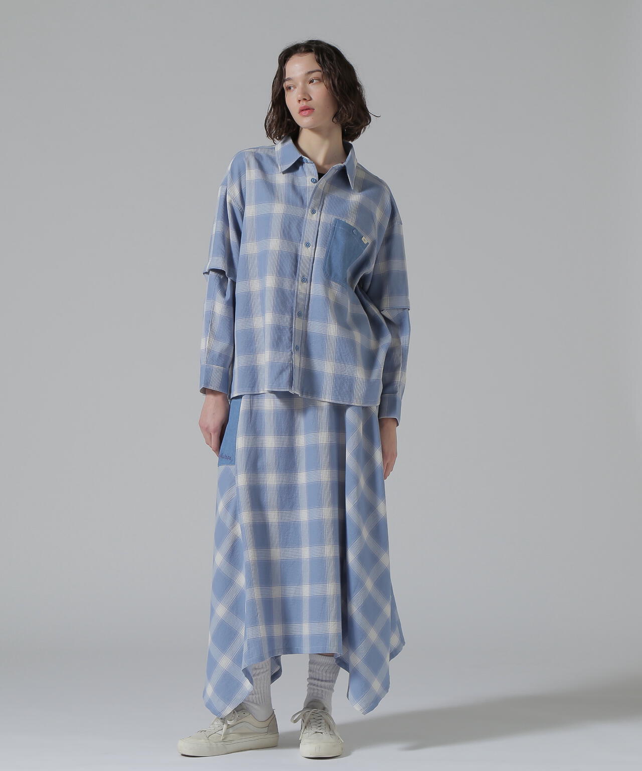 WAFFLE OMBRE CHECK IRREGULAR SKIRT/ワッフルオンブレチェック イレギュラースカート