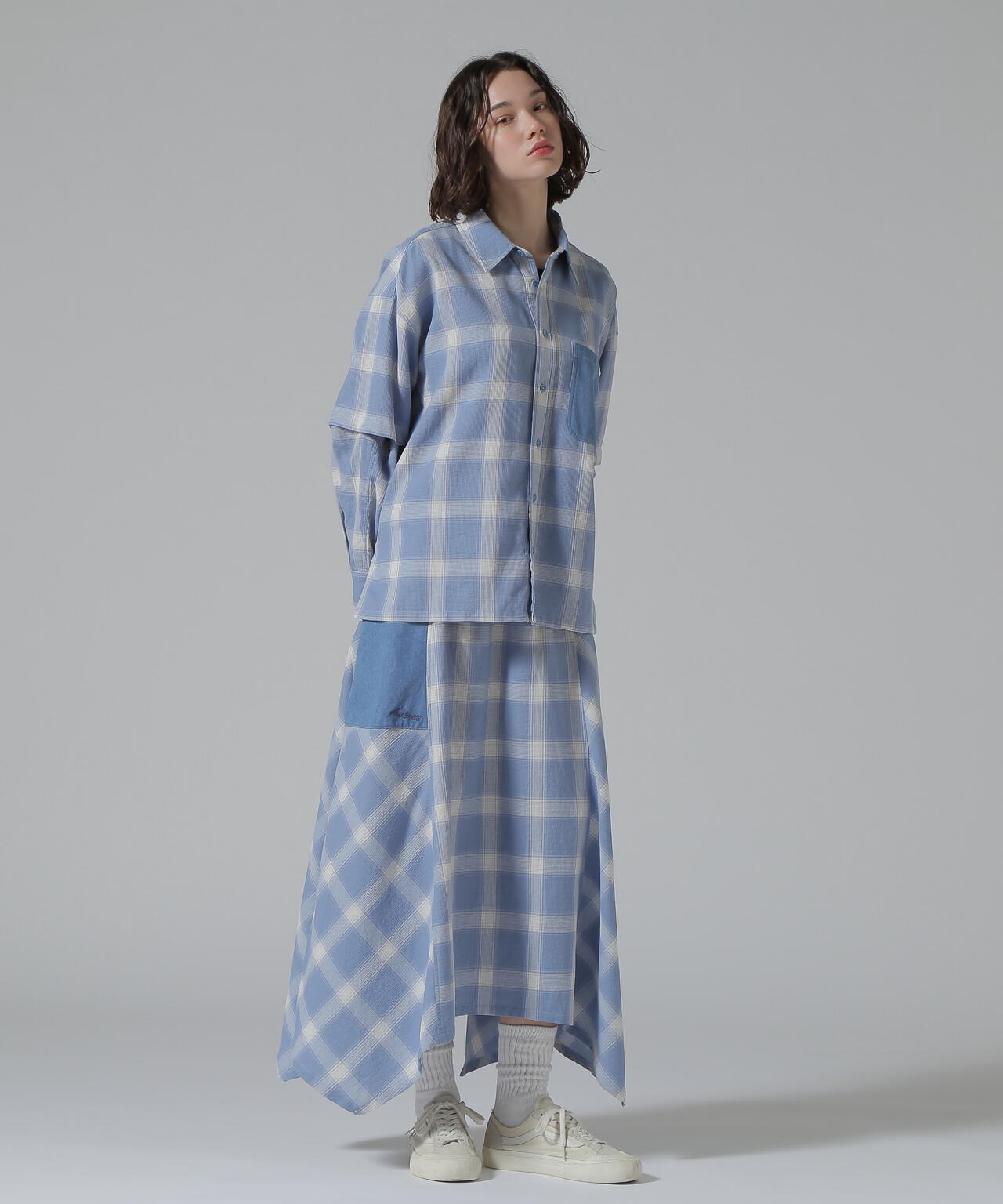 WAFFLE OMBRE CHECK IRREGULAR SKIRT/ワッフルオンブレチェック イレギュラースカート