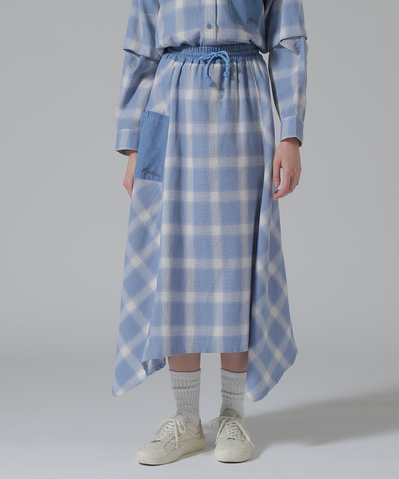 WAFFLE OMBRE CHECK IRREGULAR SKIRT/ワッフルオンブレチェック イレギュラースカート