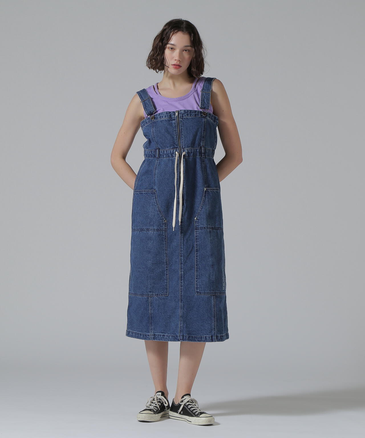 BELT PRINT DENIM JUMPER SKIRT/ベルトプリントデニムジャンパースカート