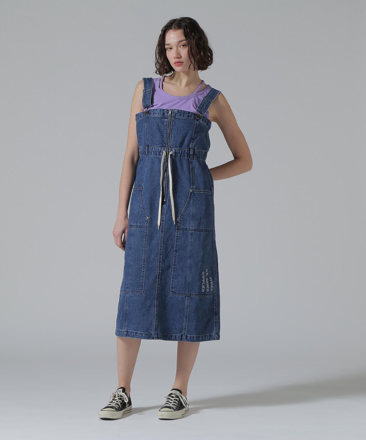 BELT PRINT DENIM JUMPER SKIRT/ベルトプリントデニムジャンパースカート