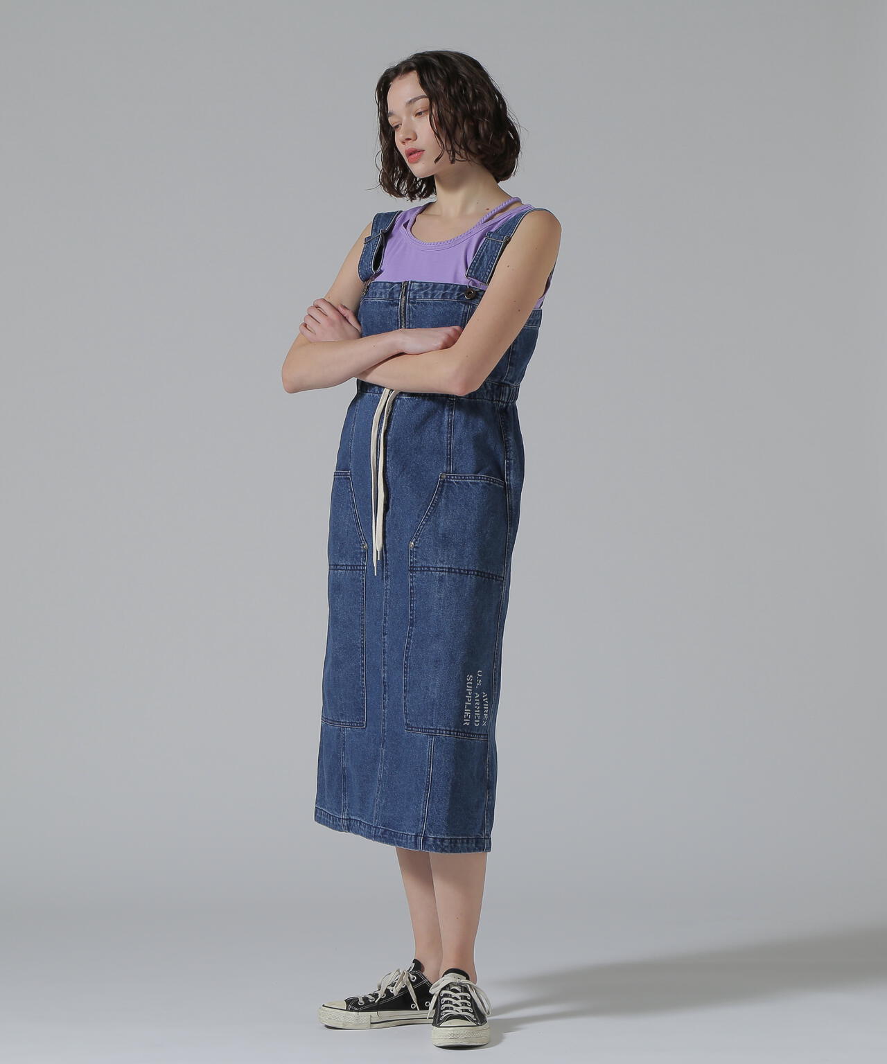 BELT PRINT DENIM JUMPER SKIRT/ベルトプリントデニムジャンパースカート