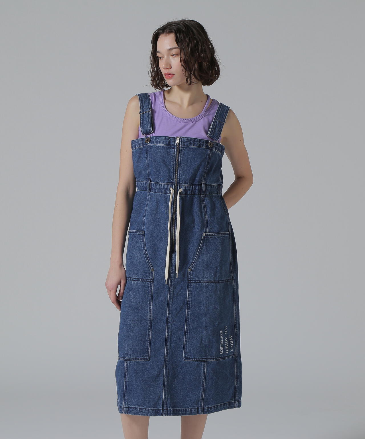 BELT PRINT DENIM JUMPER SKIRT/ベルトプリントデニムジャンパースカート