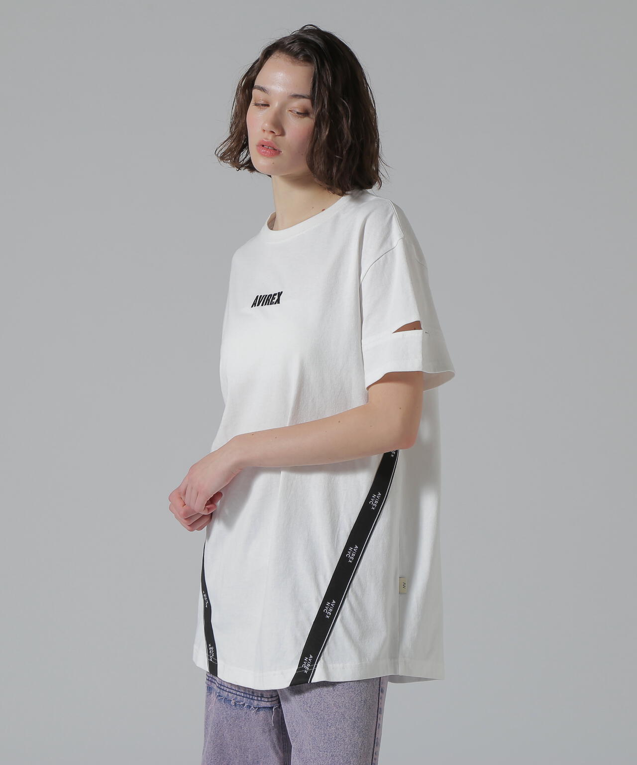 CUFFS OPEN LOGO TAPE EMBROIDERED ONEPIECE/カフスオープンロゴテープ刺繍ワンピース