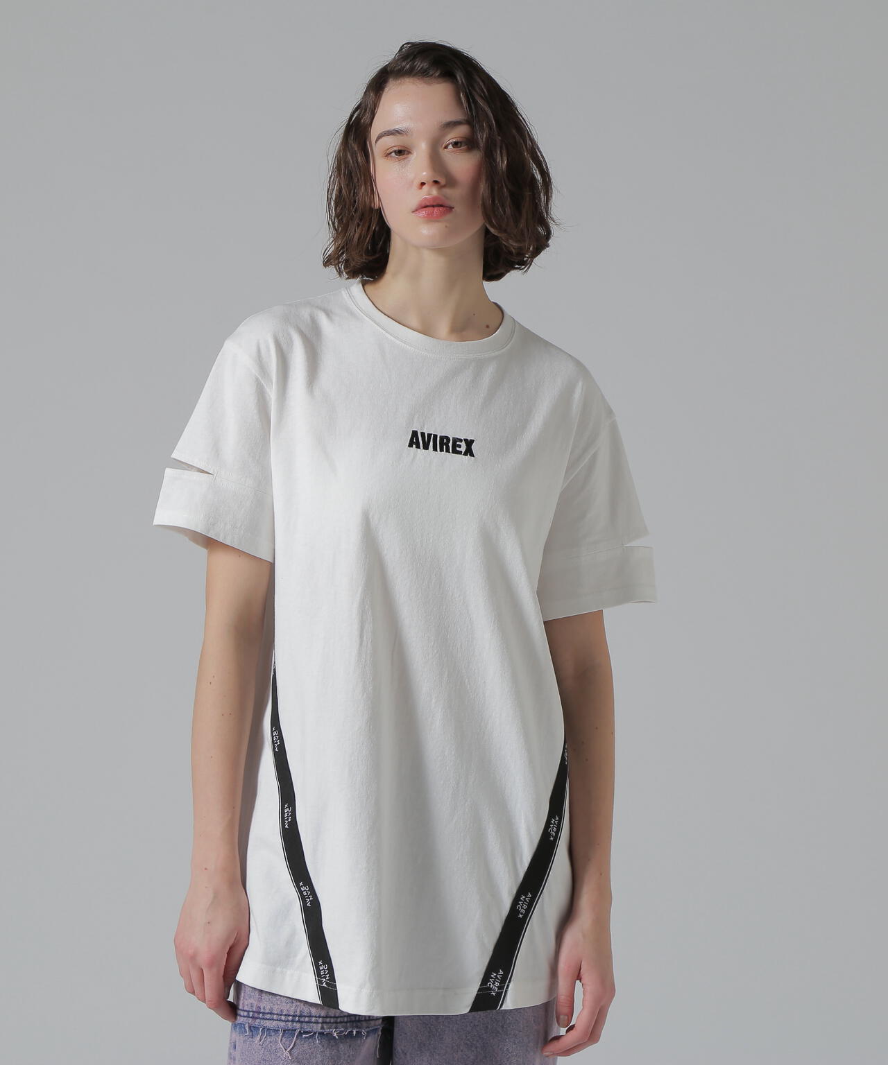 CUFFS OPEN LOGO TAPE EMBROIDERED ONEPIECE/カフスオープンロゴテープ刺繍ワンピース