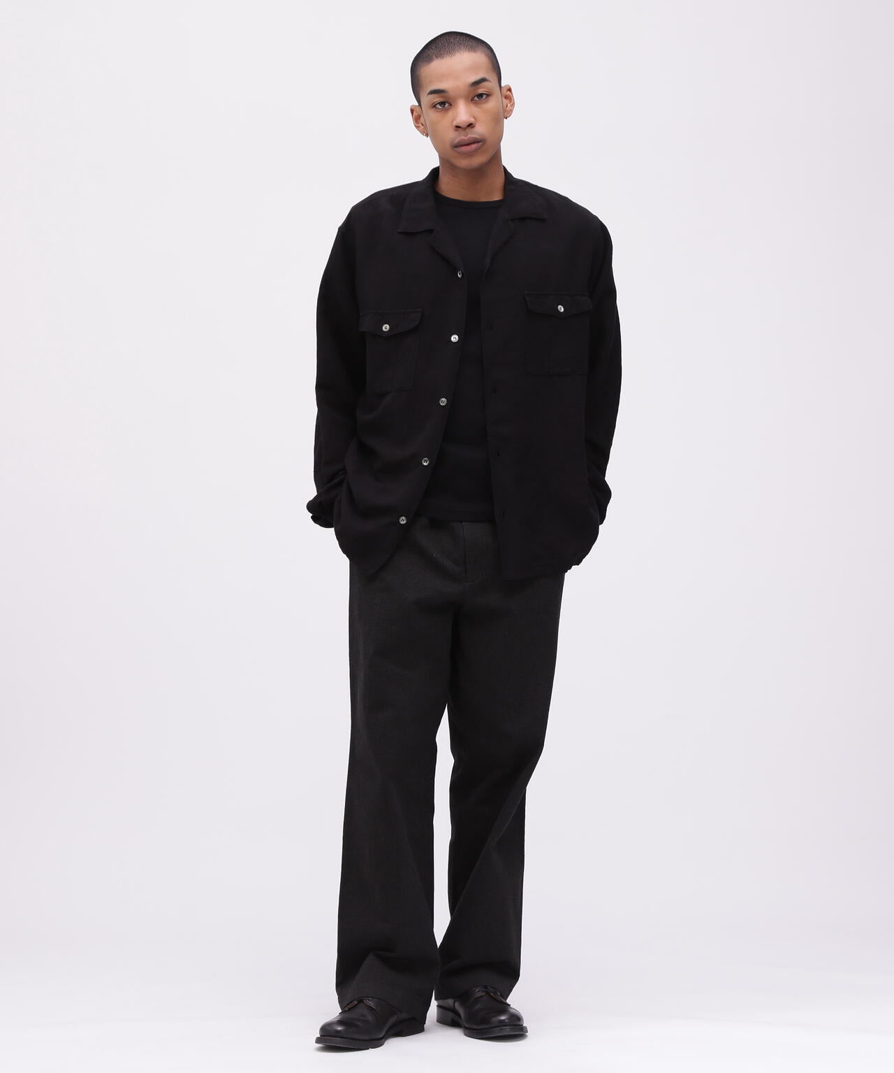 《TFQP by HANDROOM》OPEN COLLAR LONGSLEEVE WORK SHIRT FLAT BLACK / 長袖シャツ